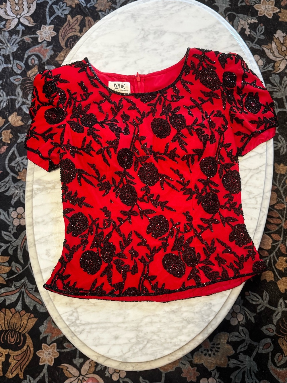 Vintage 90s Andretta Donatello AD 100% Silk Red & Black Beaded Floral  Top